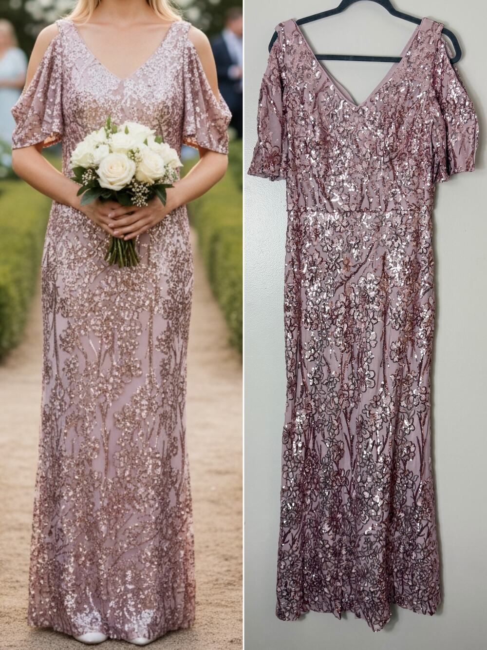 Alex Evenings Dress 12 Blush Pink Floral Sequin Gown Long Maxi Wedding Guest